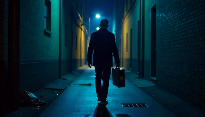 Person in dark alley carying briefcase with Bitcoin sign