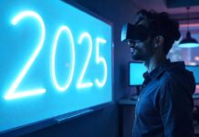 Person with virtual glasses looking at 2025 sign