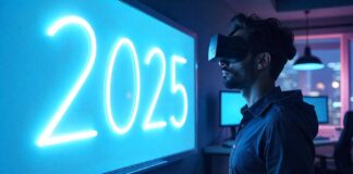 Person with virtual glasses looking at 2025 sign