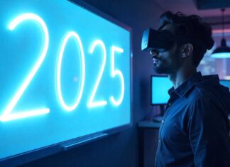 Person with virtual glasses looking at 2025 sign