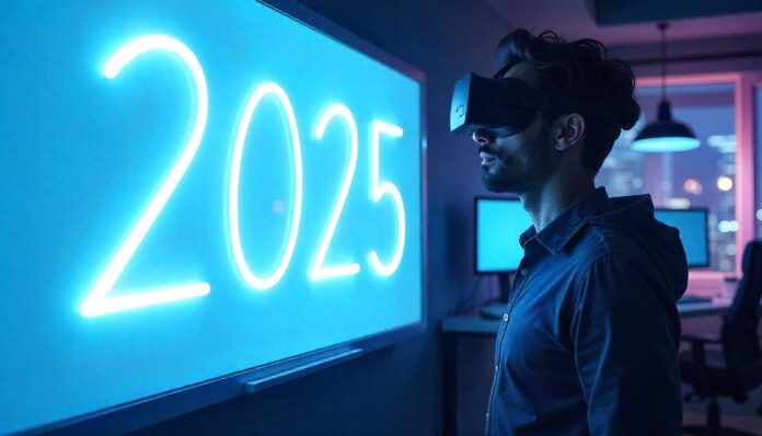 Person with virtual glasses looking at 2025 sign