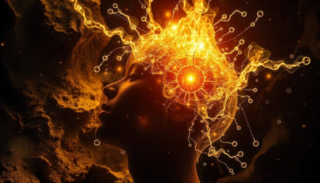 Human consciousness shown as orange energy spreading everywhere