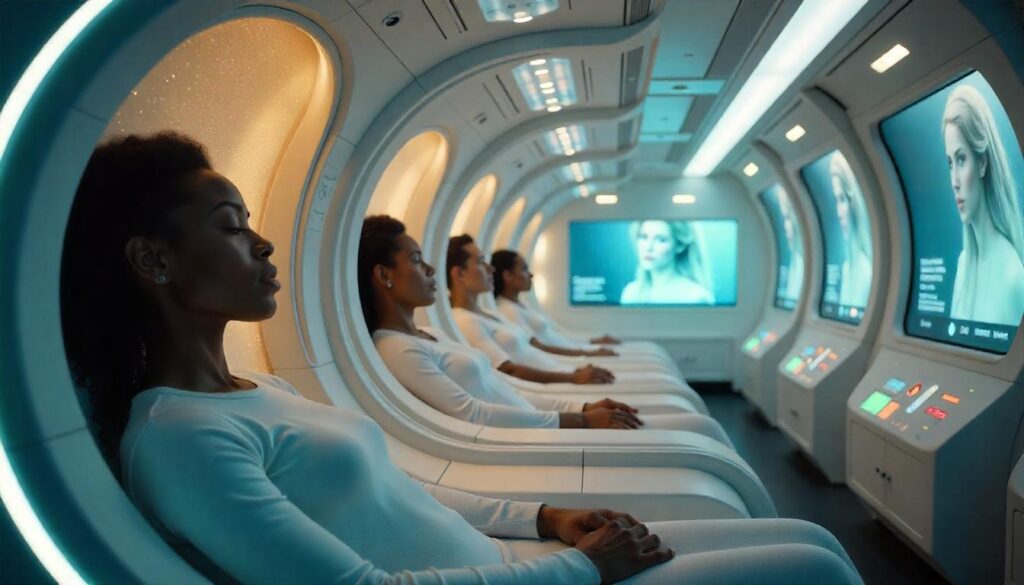 People in the future in white capsules