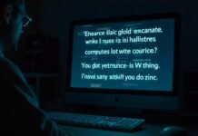 Person sitting in front of computer screen with weird phrases on monitor