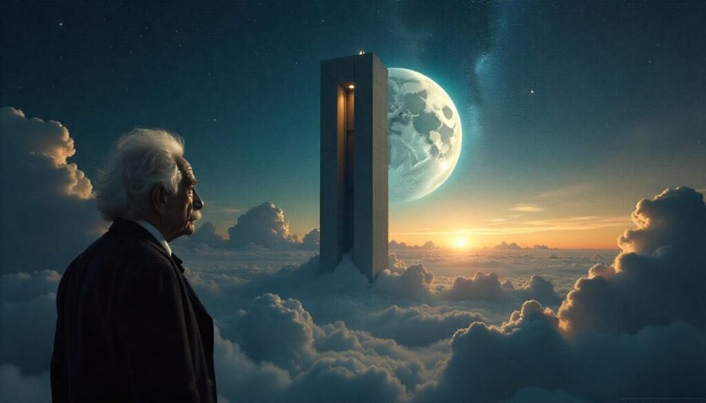 Albert Einstein looking at big elevator going into sky