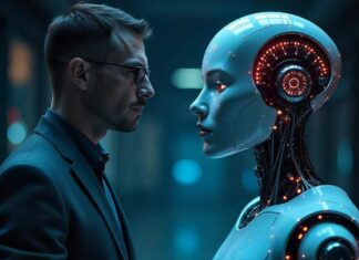 Human and robot facing each other