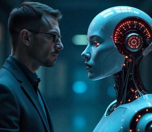 Human and robot facing each other