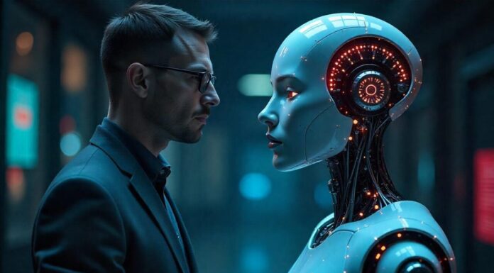 Human and robot facing each other