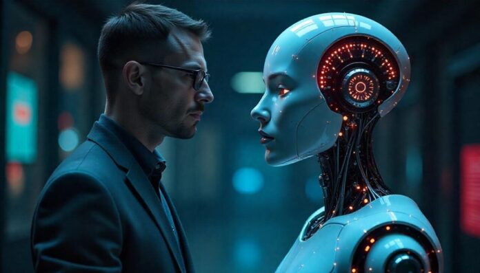 Human and robot facing each other