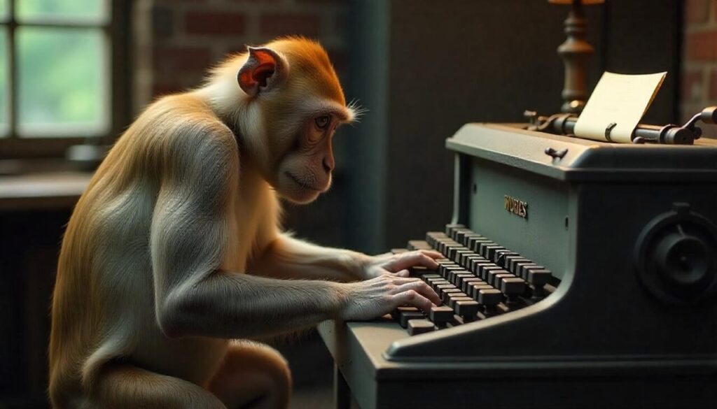 Monkey sitting and typing on type machine