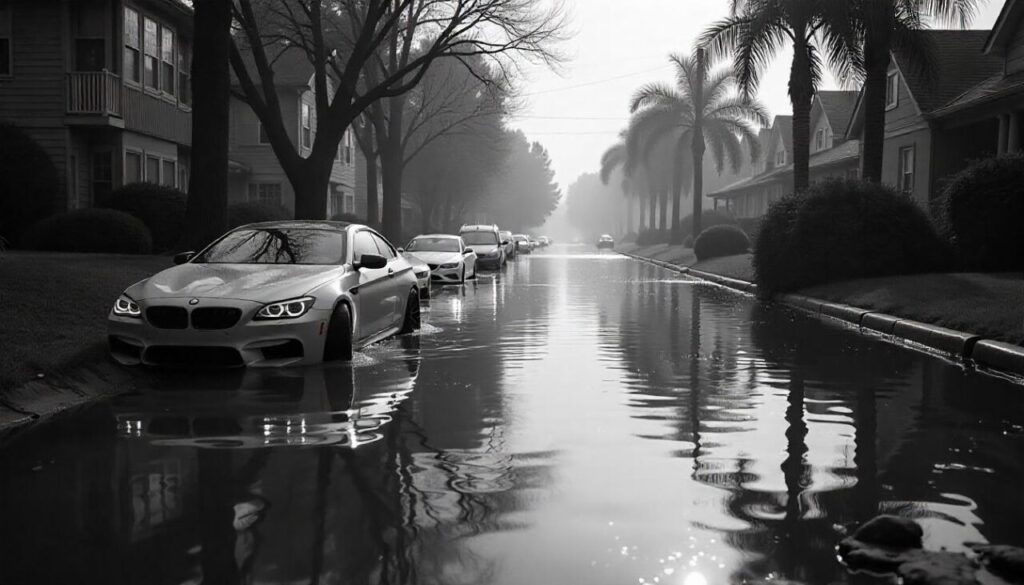 Sewage Floods the Streets with cars parked