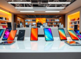 Modern smartphones on the white table