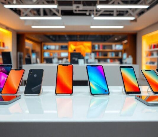 Modern smartphones on the white table