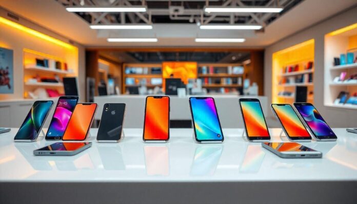 Modern smartphones on the white table