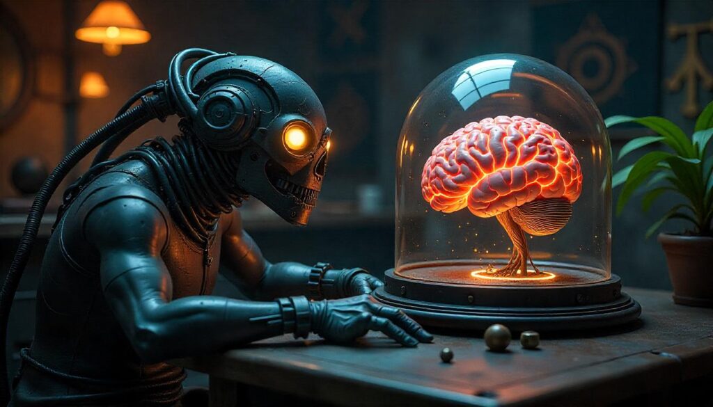 Brain in a jar with alien looking at it