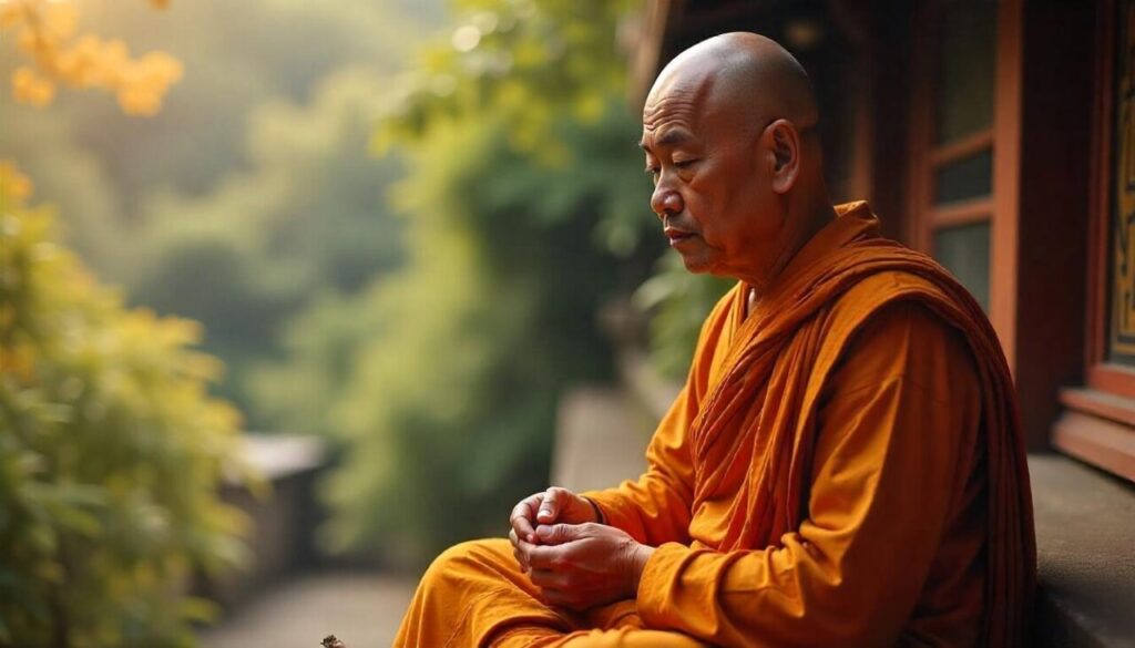 Buddhist in orange clothes sitting