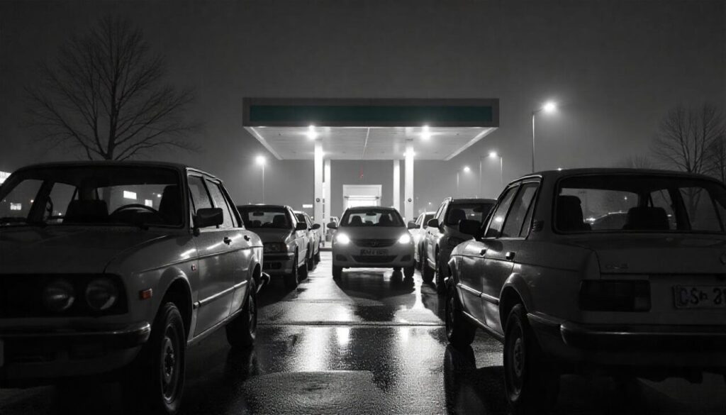 Cars in front of gas station black and white