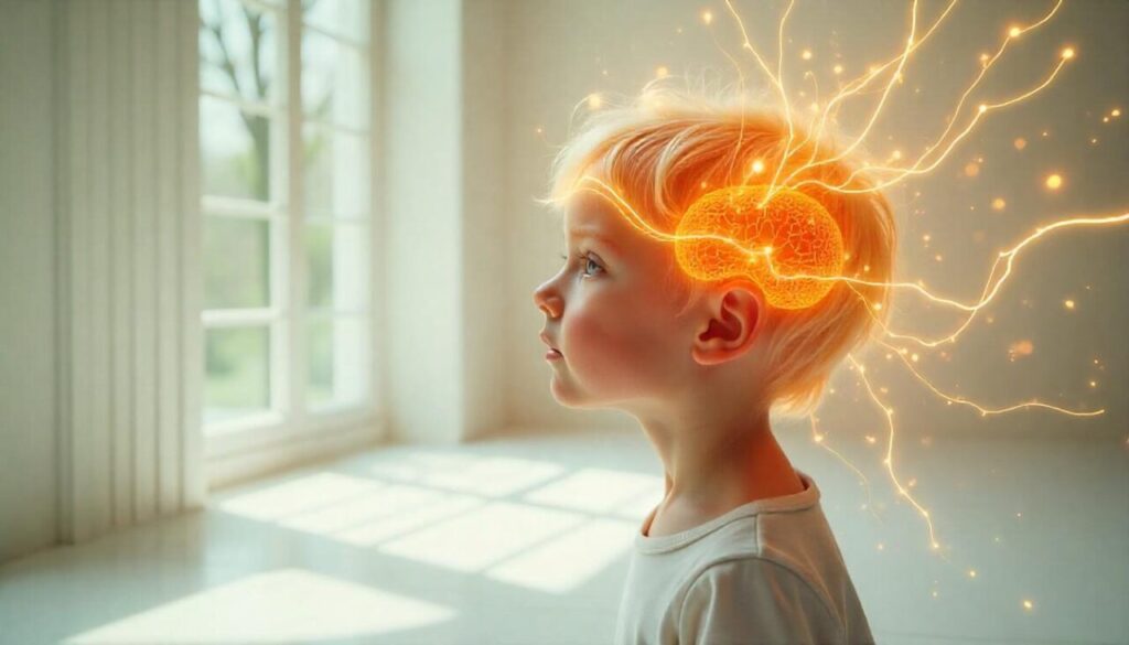 Person in white room with orange frequencies around the head and brain