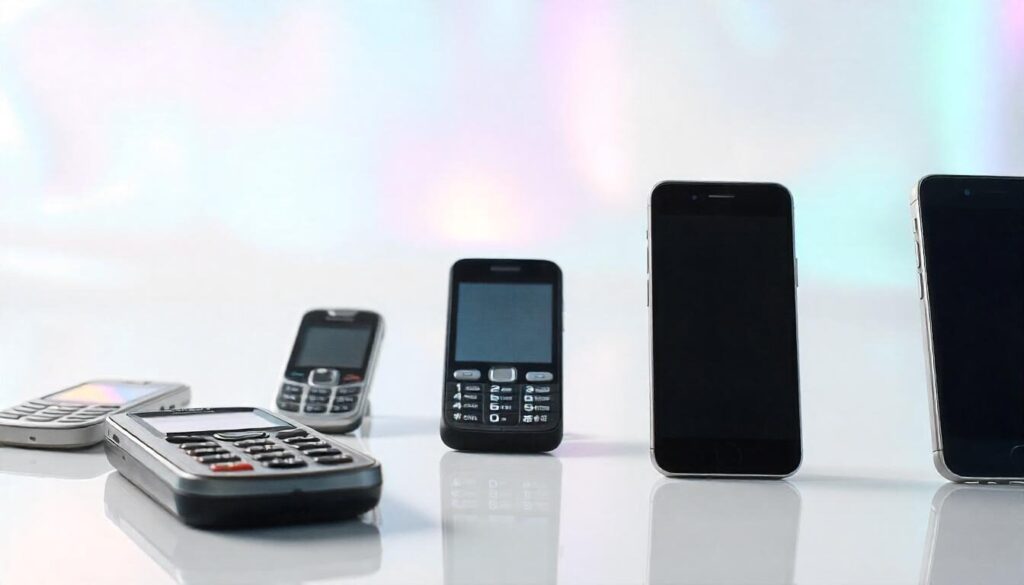 Different (old and new) smartphones stacked side by side on white background.