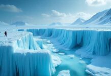 A person standing in ice mountains on Earth