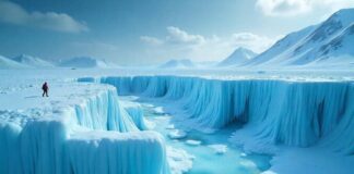 A person standing in ice mountains on Earth