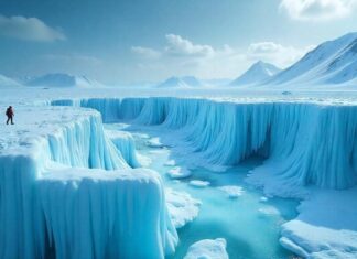 A person standing in ice mountains on Earth