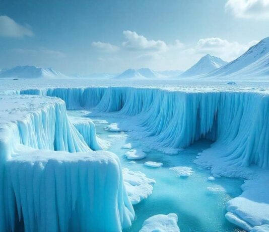 A person standing in ice mountains on Earth