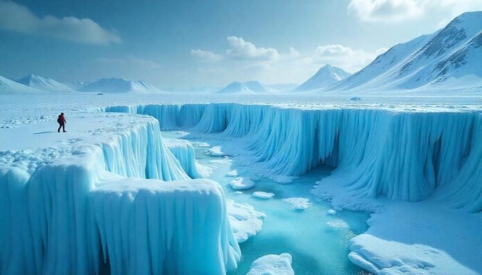 A person standing in ice mountains on Earth