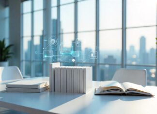 White futuristic books on white desk