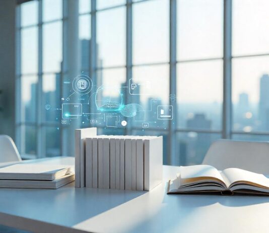 White futuristic books on white desk