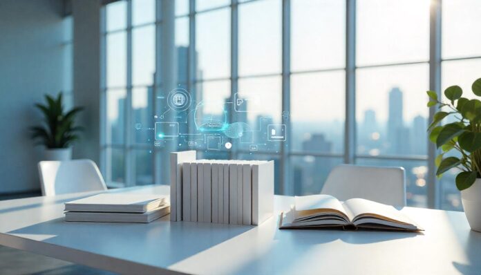 White futuristic books on white desk