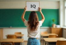 Female person holding IQ sign above her head in the classroom