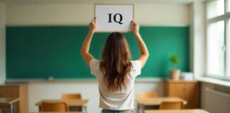 Female person holding IQ sign above her head in the classroom