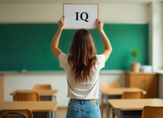 Female person holding IQ sign above her head in the classroom