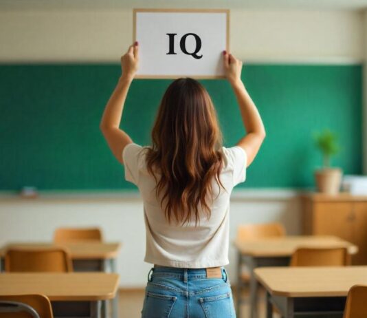 Female person holding IQ sign above her head in the classroom