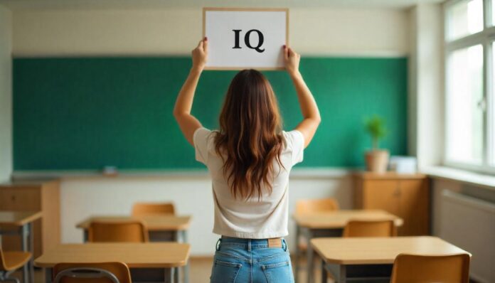 Female person holding IQ sign above her head in the classroom