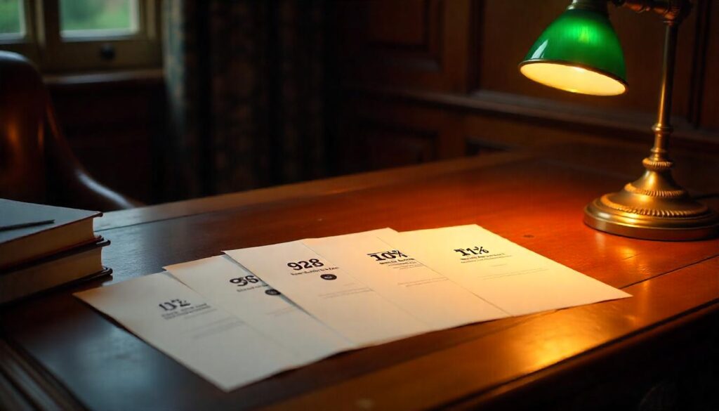 papers on the table and green lamp