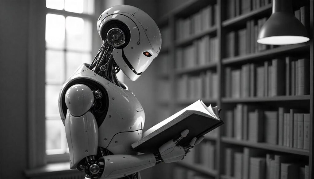 AI robot in library reading book