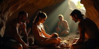 early human birth scene inside a dimly lit prehistoric cave.