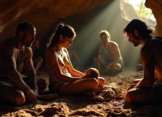early human birth scene inside a dimly lit prehistoric cave.