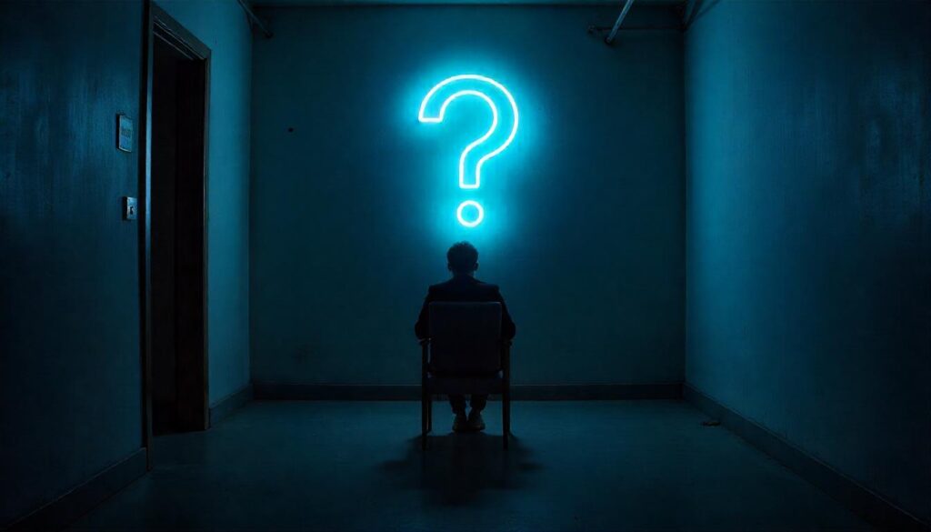 A person sitting in the dark with glowing question mark above his head