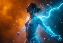 A human figure dissolving into a glowing blue electric storm, surrounded by atoms.
