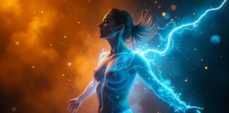 A human figure dissolving into a glowing blue electric storm, surrounded by atoms.