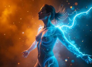 A human figure dissolving into a glowing blue electric storm, surrounded by atoms.