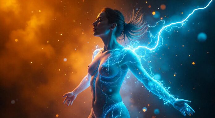 A human figure dissolving into a glowing blue electric storm, surrounded by atoms.
