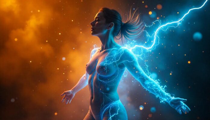 female body dissolving A human figure dissolving into a glowing blue electric storm, surrounded by atoms.