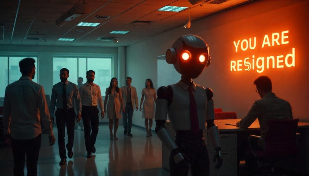 Office workers and AI robot stating You're resigned