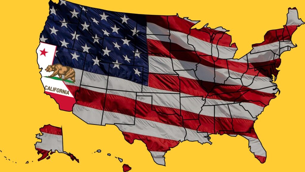 Map of united states with California separating