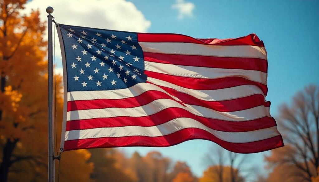 Flag of United States with autumn leaves behind