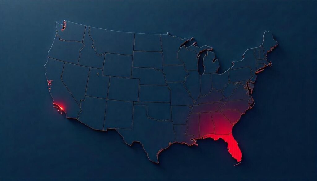 Map of united states with California and Texas blinking red